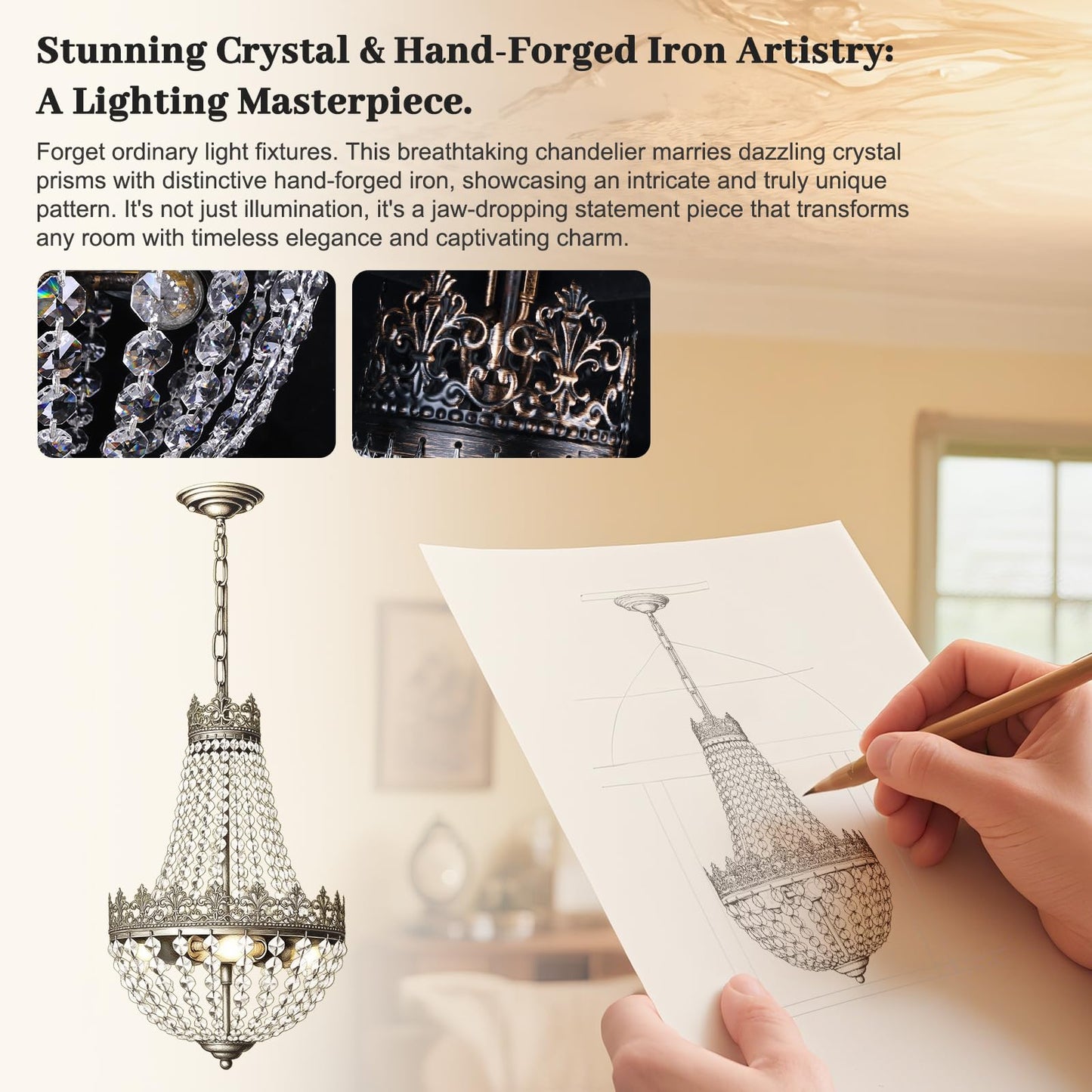 Crystal Chandelier for Dining Room, Antique French 4-Light Bedroom Chandelier, K9 Crystal Bathroom Chandeliers, Mini Vintage Ceiling Light for Living Room Foyer Hall Kitchen Entryway 4 E12 Base