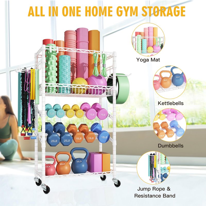 FUTASSI S3 Dumbbells Rack Storage Rack, Rolling Home Gym Weight Organizer Rack, Yoga Mat Storage and Workout Equipment Organizers for Gym Studio, Max Load 500 LBS, 34.6"W x 11.8"D x 48.6"H, White