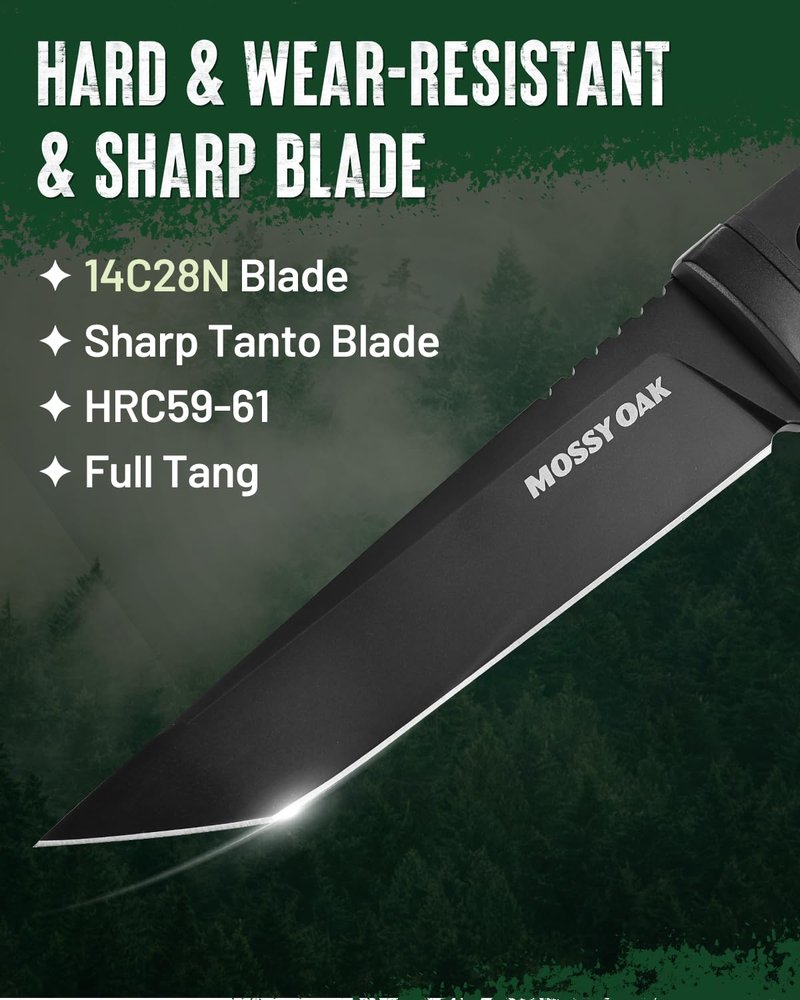 Mossy Oak 10 Inch Fixed Blade Hunting Knife, 14C28N Full Tang Tanto Hunting Knife with Sheath for Survival, Camping, Hiking, Tactical Use