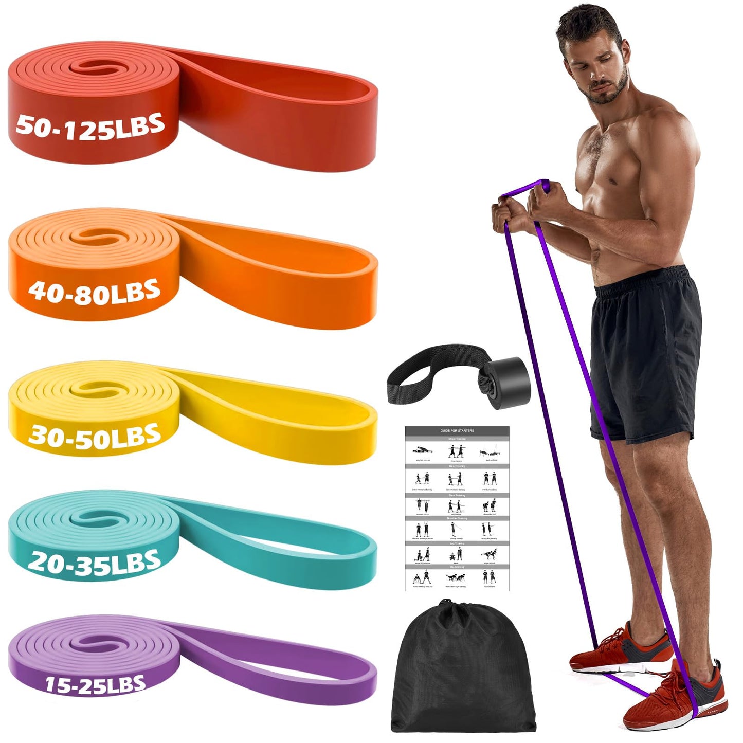 Zacro Resistance Bands Set with Door Anchor, 5 Levels (15-125 LBS) Pull Up Exercise Bands for Working Out, Muscle Power Strength Training, Physical Therapy, Home Fitness Gym Equipment for Men & Women