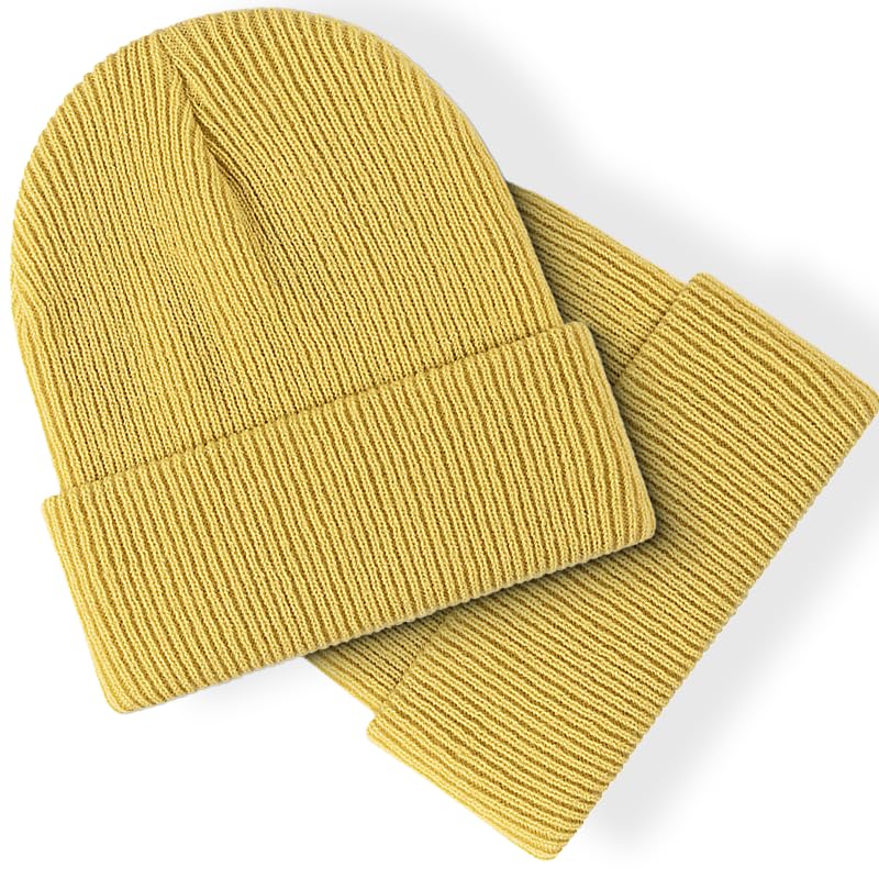 2-Pack Yellow Knit Beanie Hats for Men, Women, and Kids - Winter Warmth