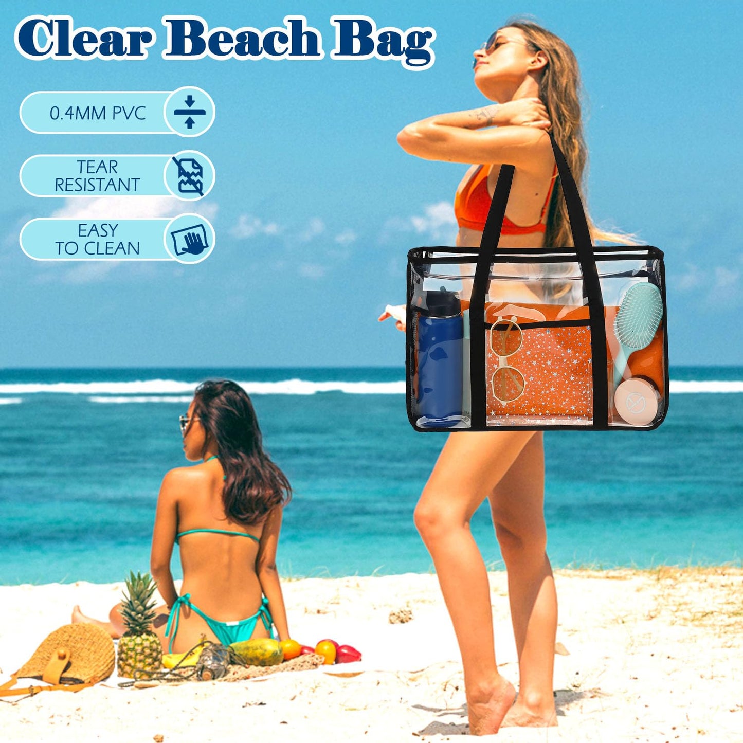 Fammart Clear Beach Bag for Women, Large Pool Tote Cruise Vacation Essentials - Zipper Closure, Waterproof, Sandproof