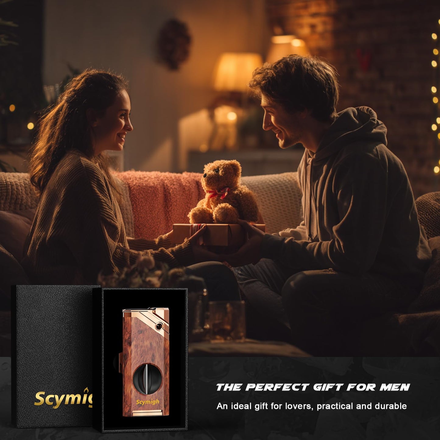 All in One Torch Lighter with V-Notch Tool and Holder, Refillable Butane, Adjustable Flame, Fuel Window, Cool Lighter for Gifts, Candle, Father's Day