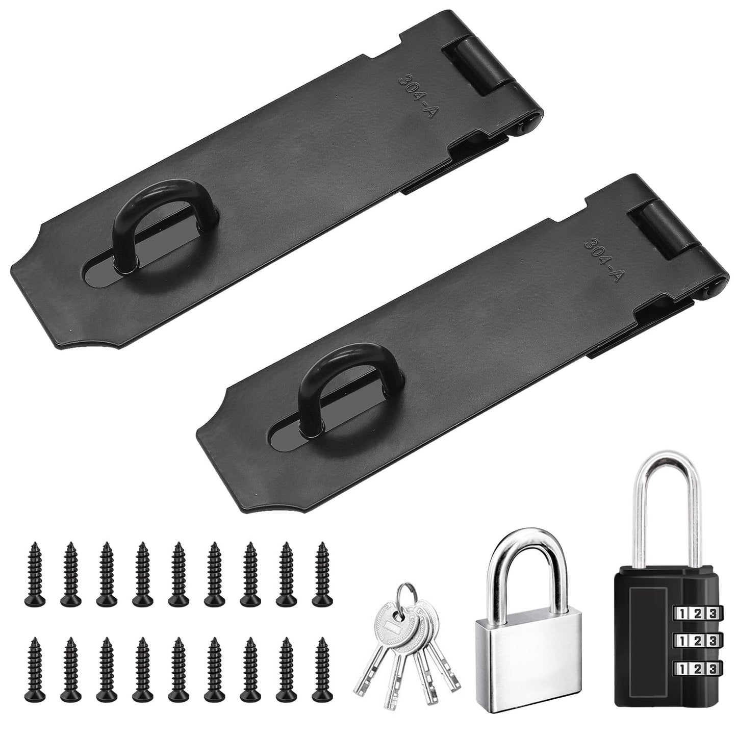 Sunxeke 5 Inch Door Locks Hasp Latch 2 Pack,304 Stainless Steel Safety Padlock Clasp Hasp Lock Latch with Combo Lock & Padlock,Heavy Duty Gate Latch Lock with Screws(Black)