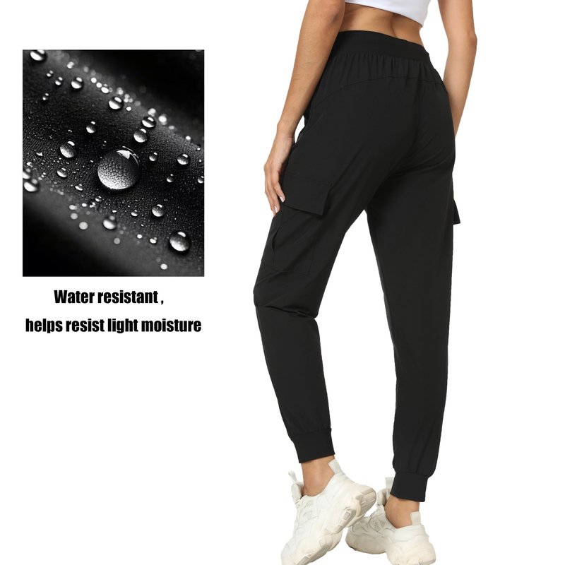 Women's Joggers with Pockets Lightweight - Water Resistant Quick Dry Cargo Athletic Pants for Hiking Running Camping Travel (Black, Large)