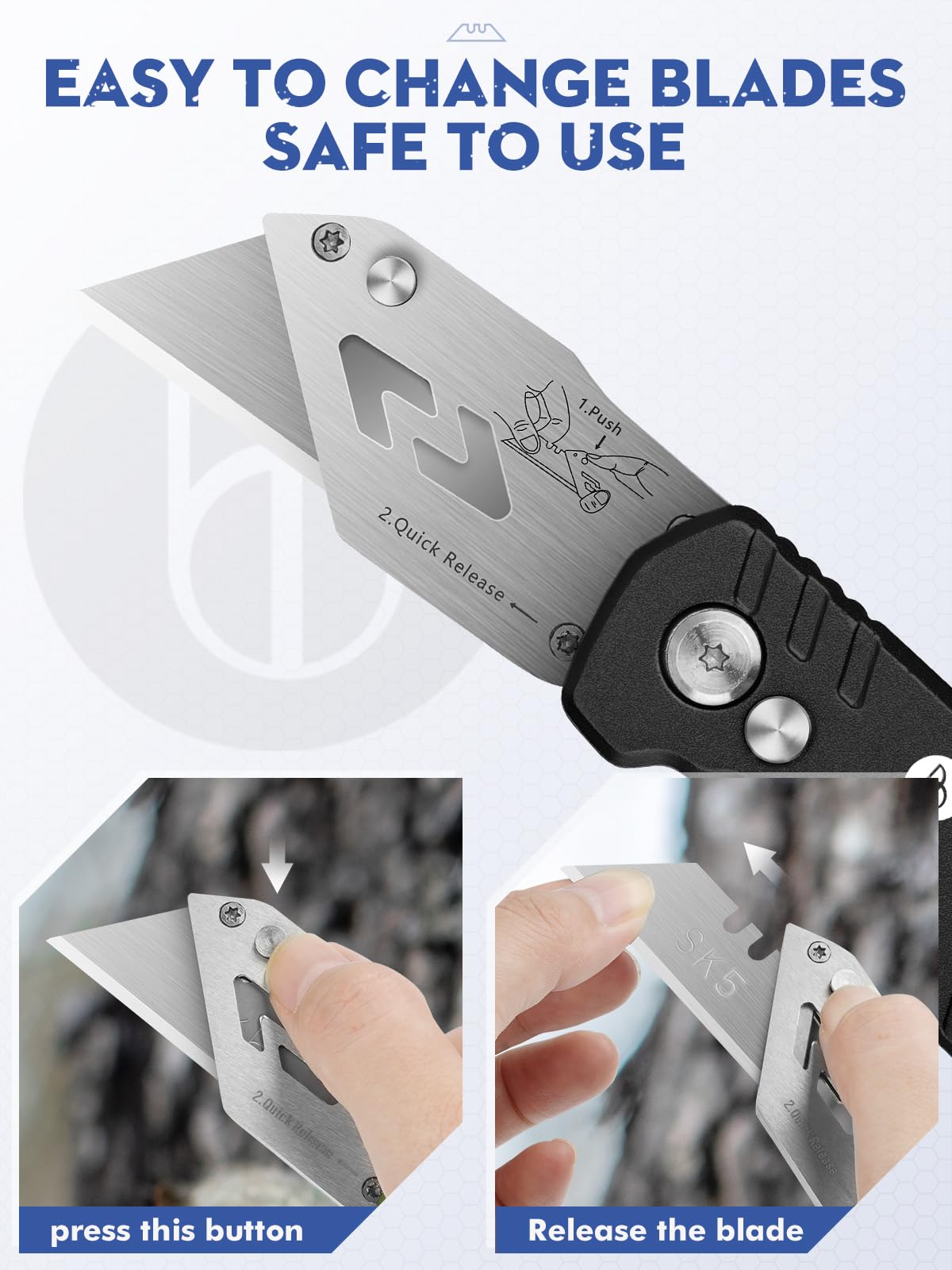 Utility Knife, BIBURY Upgraded Version Heavy Duty Box Cutter, Pocket Carpet knife with 10 Replaceable SK5 Stainless Steel Blades, Belt Clip, Easy Release Button, Quick Change and Safety Lock