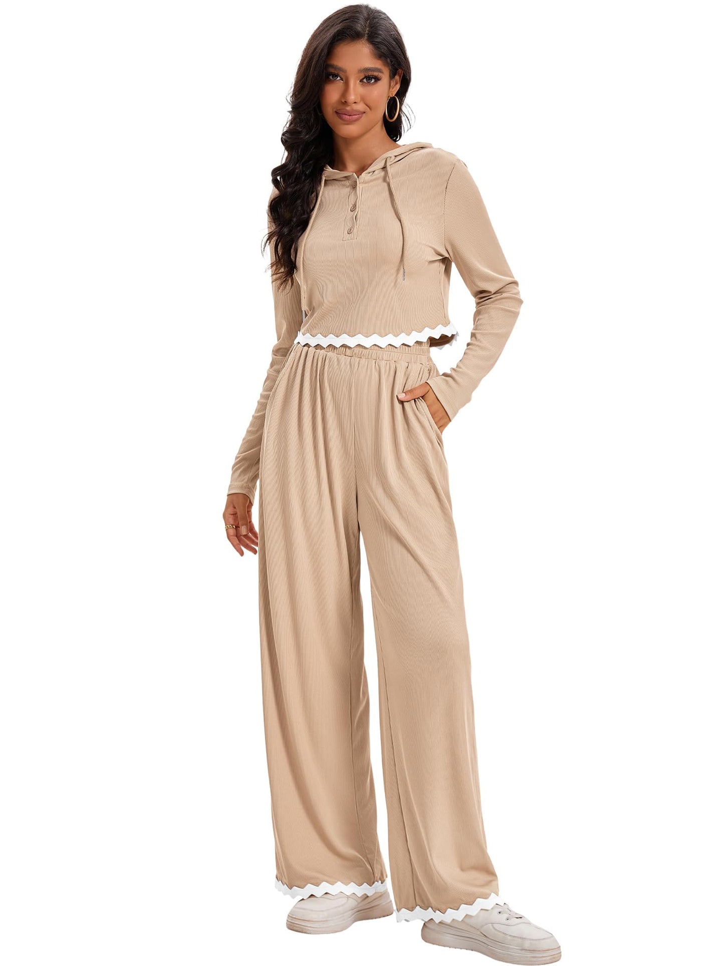 ONFERS Womens 2 Piece Outfits Knit Lounge Sets Long Sleeve Crop Sweatshirt Loose Fit Pants Set Tracksuit Travel Outfits Medium Khaki