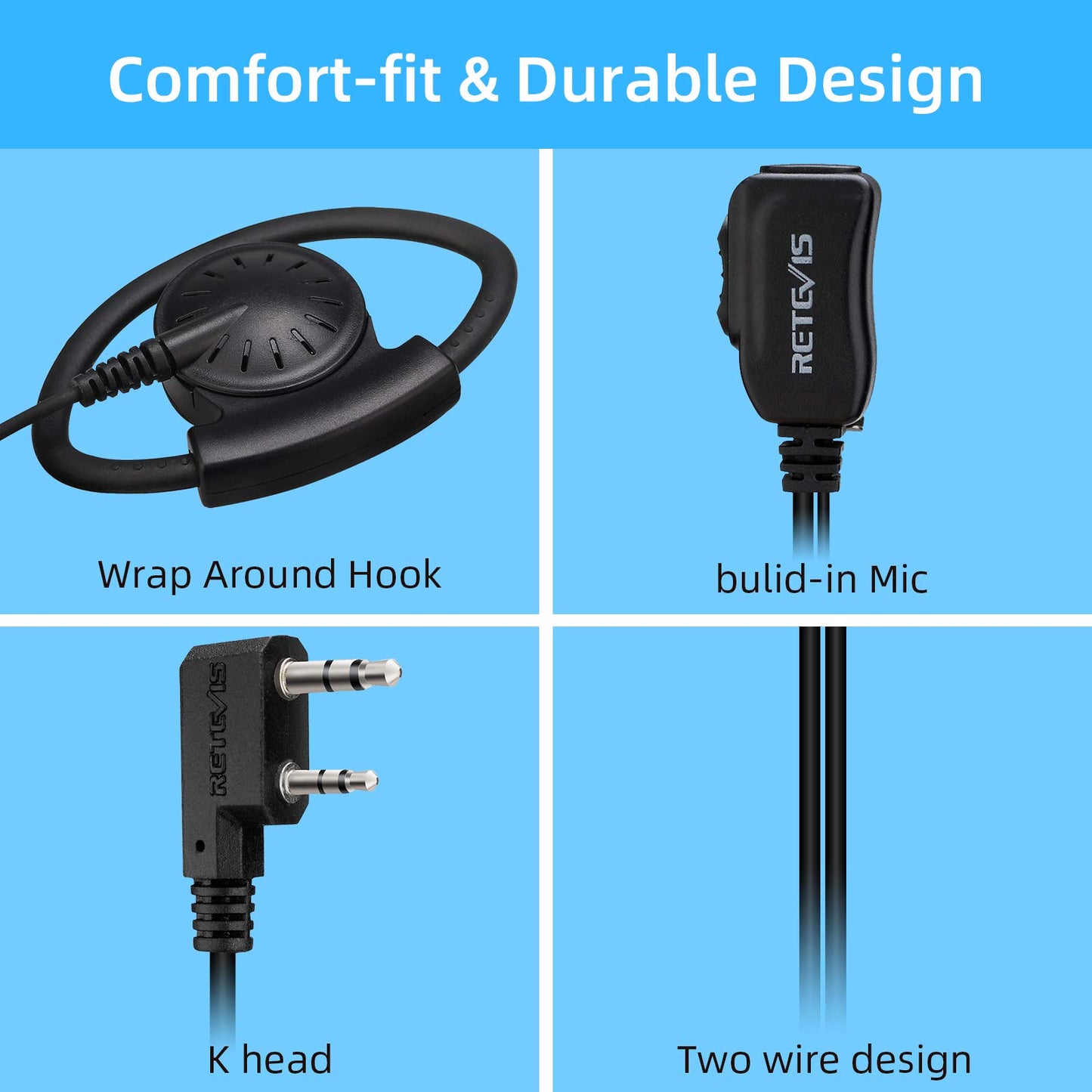 Retevis Adjustable Earhook Walkie Talkie Earpiece with Mic, D Shape Earhook, for RT22 RT68 RT21 H-777, Compatible with Pxton, Baofeng BF-888S, Kenwood Walkie Talkie, 2 Way Radio Headset(6 Pack)
