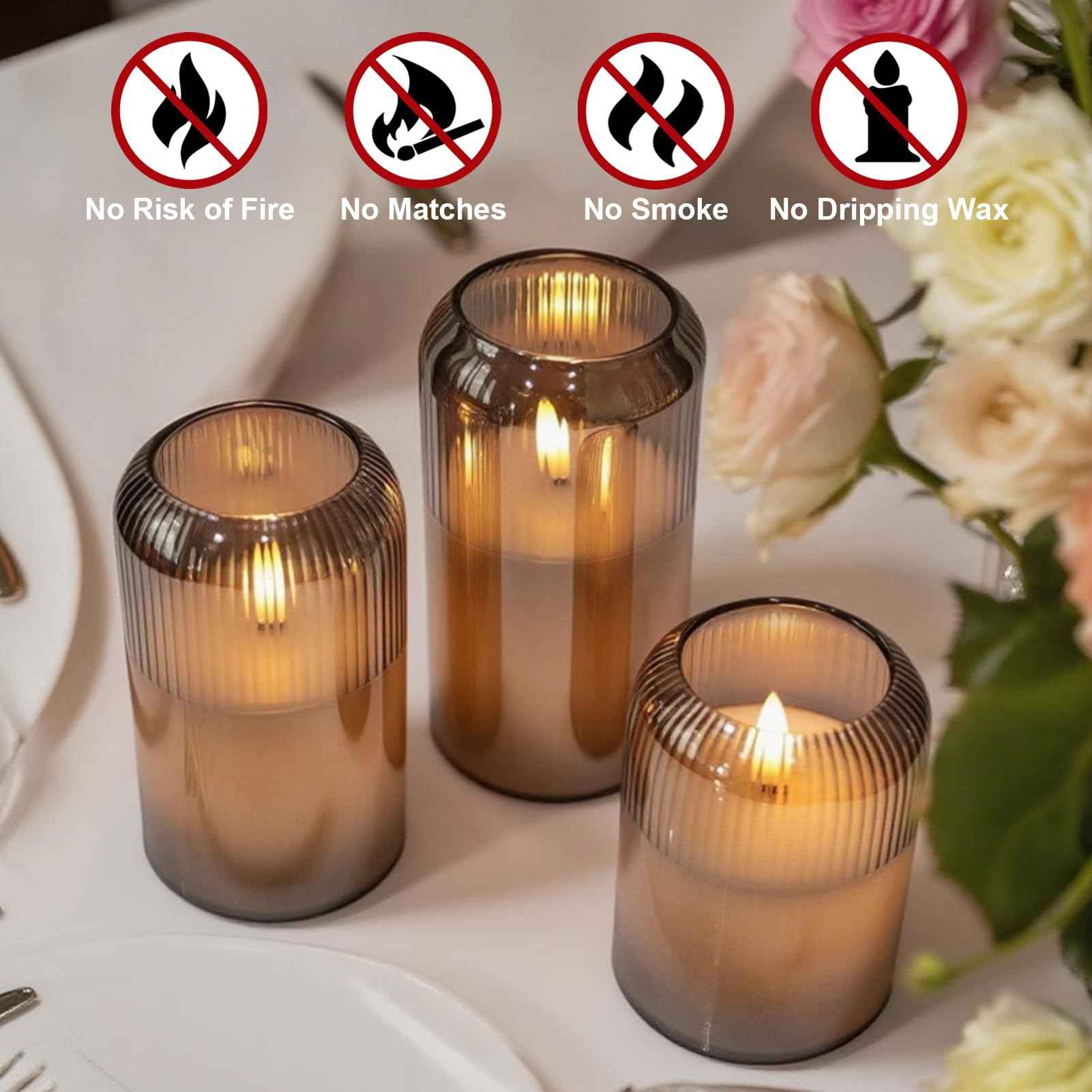DRomance Glass Flameless Candles with Remote and Timer Battery Operated 3 Pack Real Wax Striped Black LED Flickering Pillar Candles Dinner Wedding Halloween Christmas Holiday Decor(3" D x 4",5",6" H)