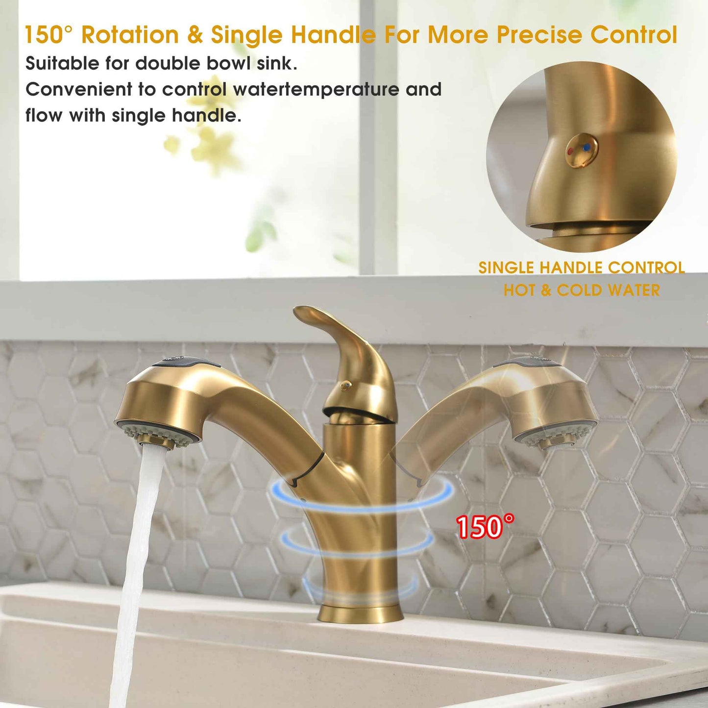 BRAVEBAR Gold Kitchen Faucet with Sprayer - Matte Brushed Gold Kitchen Sink Faucets with Pull Out Sprayer, Single Handle 1 Hole Faucet Solid Brass Commercial RV Faucets 2 Modes 150°Rotation No Lead