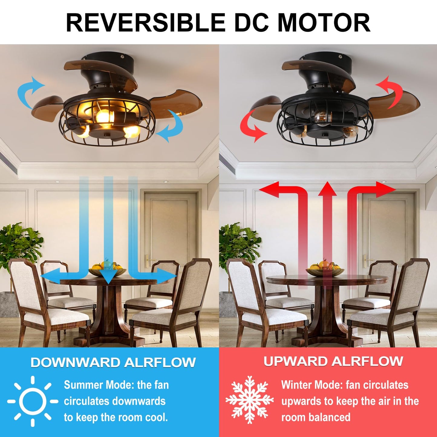 BEALWISE 21.6'' Retractable Ceiling Fans with Lights Caged Farmhouse Ceiling Fan Lights with Remote Control and APP, Rustic Industrial Ceiling lamp Black Fixture for Living Room Bedroom Kitchen, A