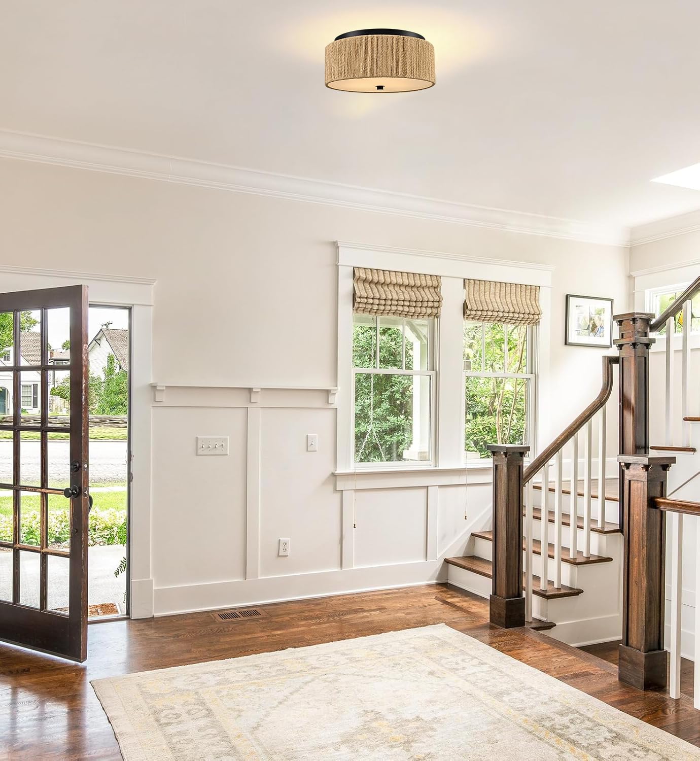 YUBOLE Woven Ceiling Light 3-Light Bohemian Flush Mount Ceiling Light with Paper Hemp Rope Drum Shade for Bedroom Hallway Bathroom Dining Room-Black & Brown