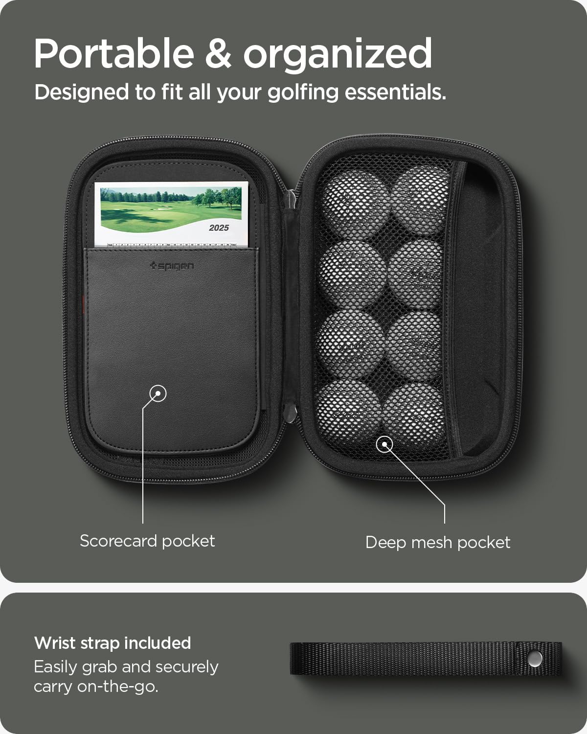 Spigen Golf Accessories Organizer Pouch – Valuables Holder for Balls, Tees, Markers & Gloves, Fits Range Finder, Portable Launch Monitor, Phone & Wallet