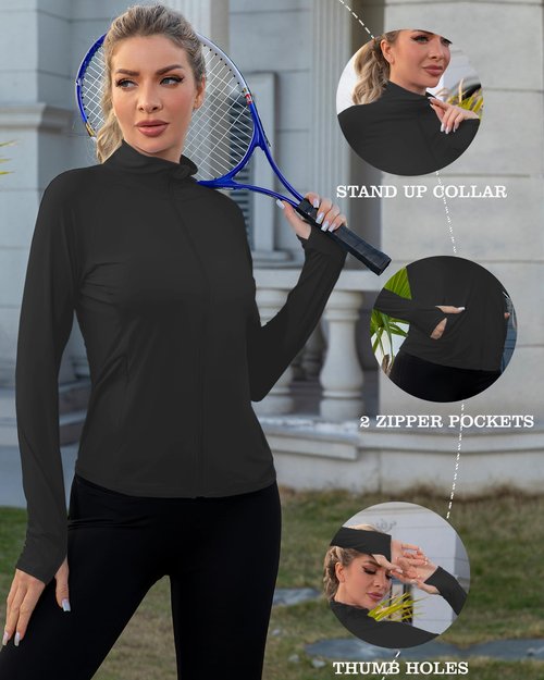We1Fit Women's UPF 50+ Sun Protection Jacket Lightweight Athletic Shirts Full Zip Up Slim Fit Jackets for Workout Running with Pockets Black