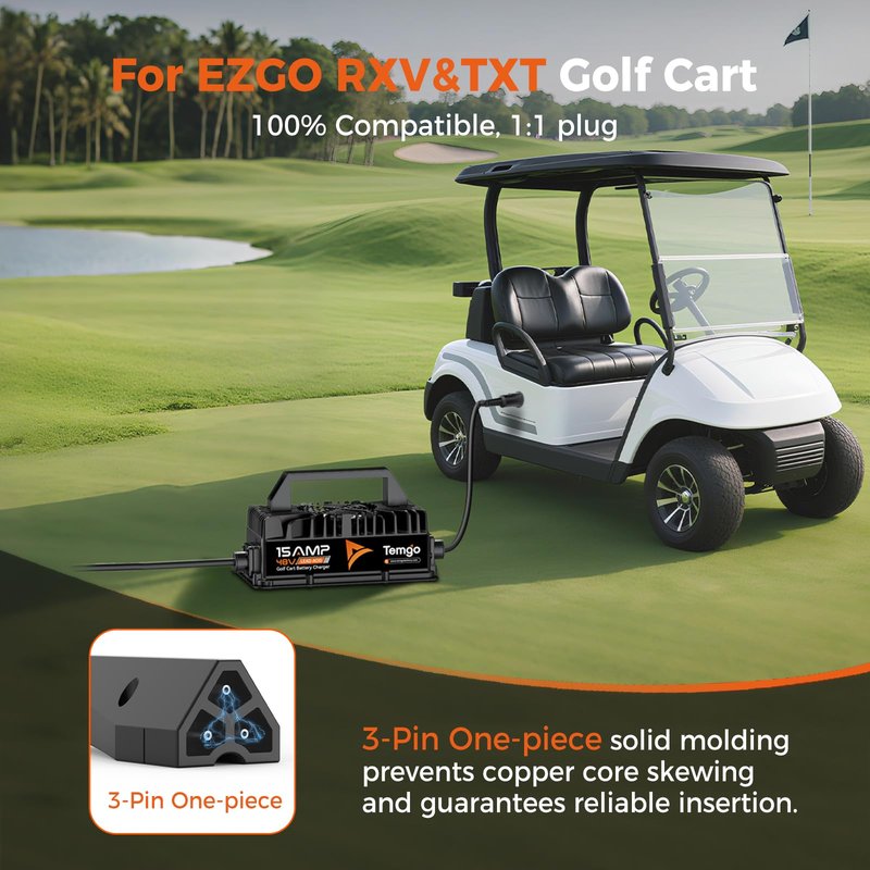 15 AMP 48 Volt Golf Cart Battery Charger for EZGO RXV/TXT, 3-Pin Triangular Plug Fast Charge for Lead Acid Battery, IP67 Waterproof 48V 15A Golf Cart Charger with Fan (Lead Acid for EZGO)