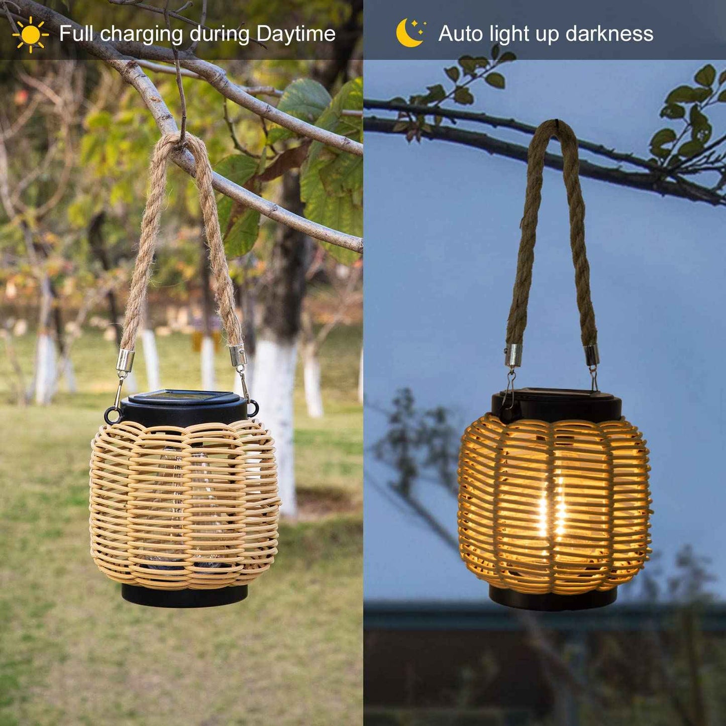 Livinlarge Solar Rattan Lantern with Twine Handle - Outdoor Waterproof Solar Lanterns for Table, Deck, Yard, Patio, Walkway, Porch & Home Decor