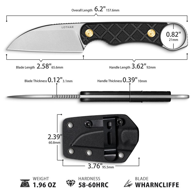 LOTHAR BEAVER Small Fixed Blade Knife, 2.58" 14C28N EDC Neck Knife with G10 Handle and Kydex Sheath, Necklace Horizontal Carry Knives with Adjustable Belt Clip, Survival Knives Gifts for Men Women