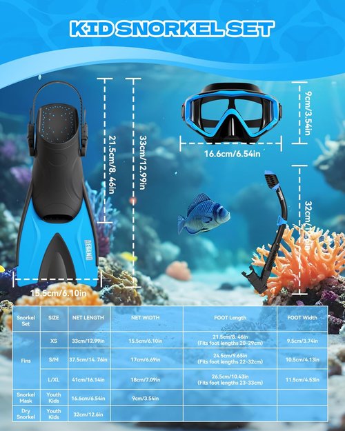 Aegend Snorkeling Gear for Kids - Anti-Fog Mask, Adjustable Fins & Dry Snorkel | Complete Snorkel Kit