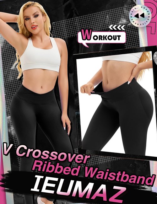 Ieumaz Crossover Scrunch Butt Lifting Leggings for Women V-Shape Low Mid Waist Seamless Leggings Gym Workout Yoga Pants Black