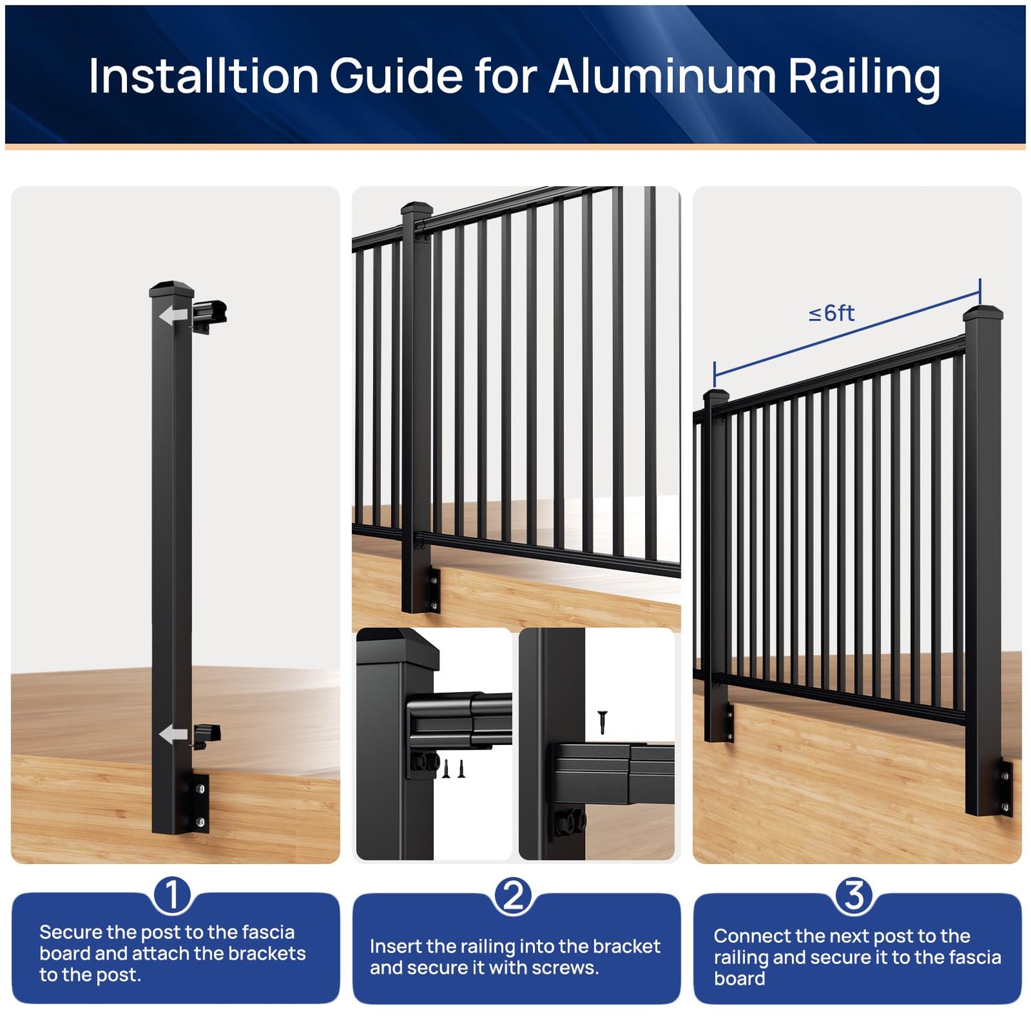 Egadis 1 Pack 2.56 in. x 2.56 in. x 46 in. Aluminum Side Mount Railing Post for 36" Stair or Level Railing Kit, Black Textured Powder-Coat Finish Fascia Mount Post Level Side Post