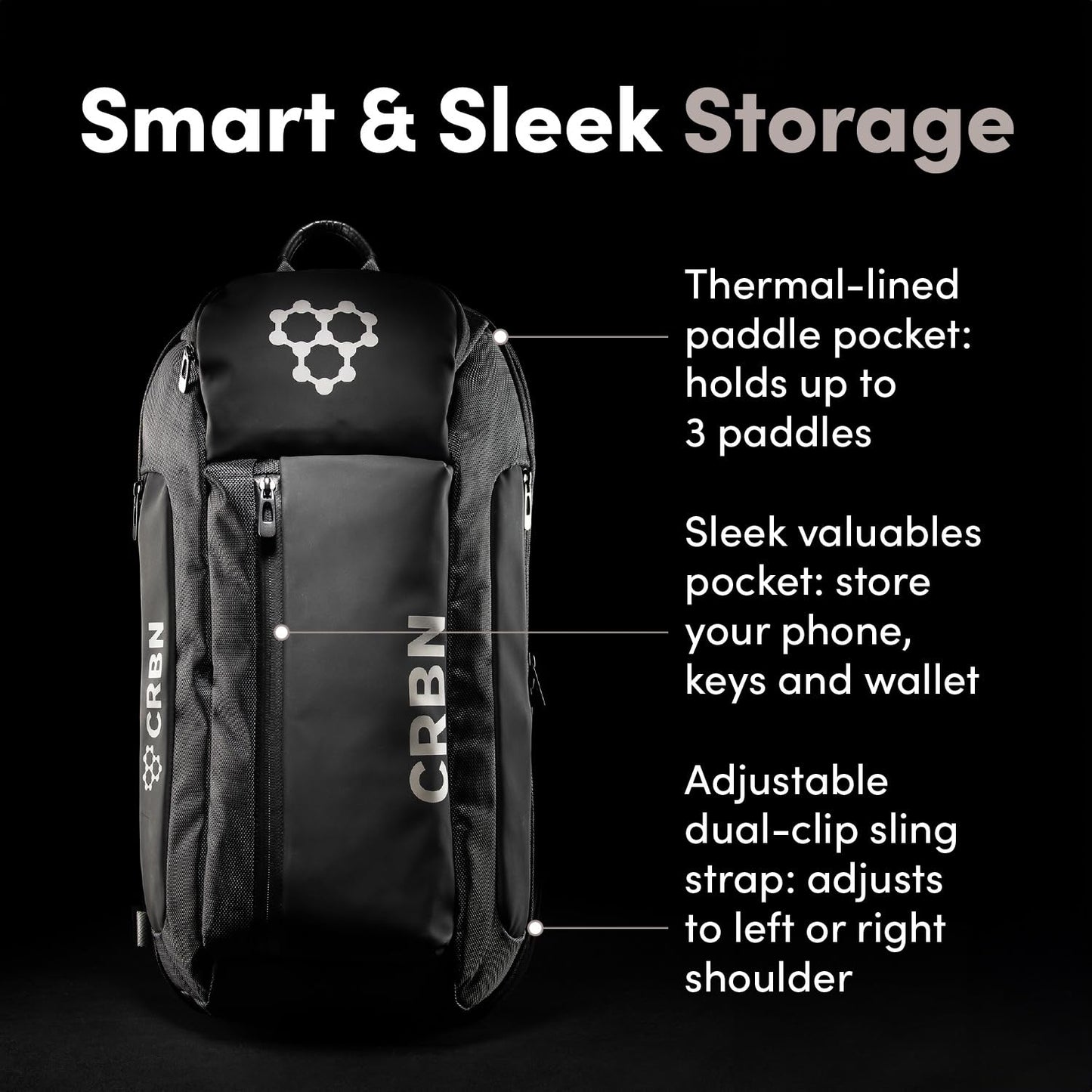 CRBN Pickleball - Sling Bag – Pro Team Water-Resistant Paddle Holder for 3 Paddles, Balls & More (Black)