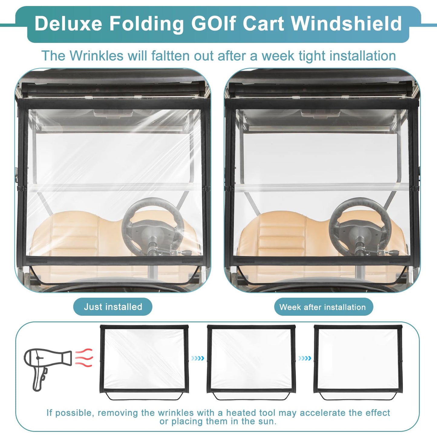 Golf Cart Windshield Fit for CLub Car Precedent, Foldable, Portable Clear Lightweight Film PVC Golf Cart Club Car Precedent Windshield ,Windproof Waterproof