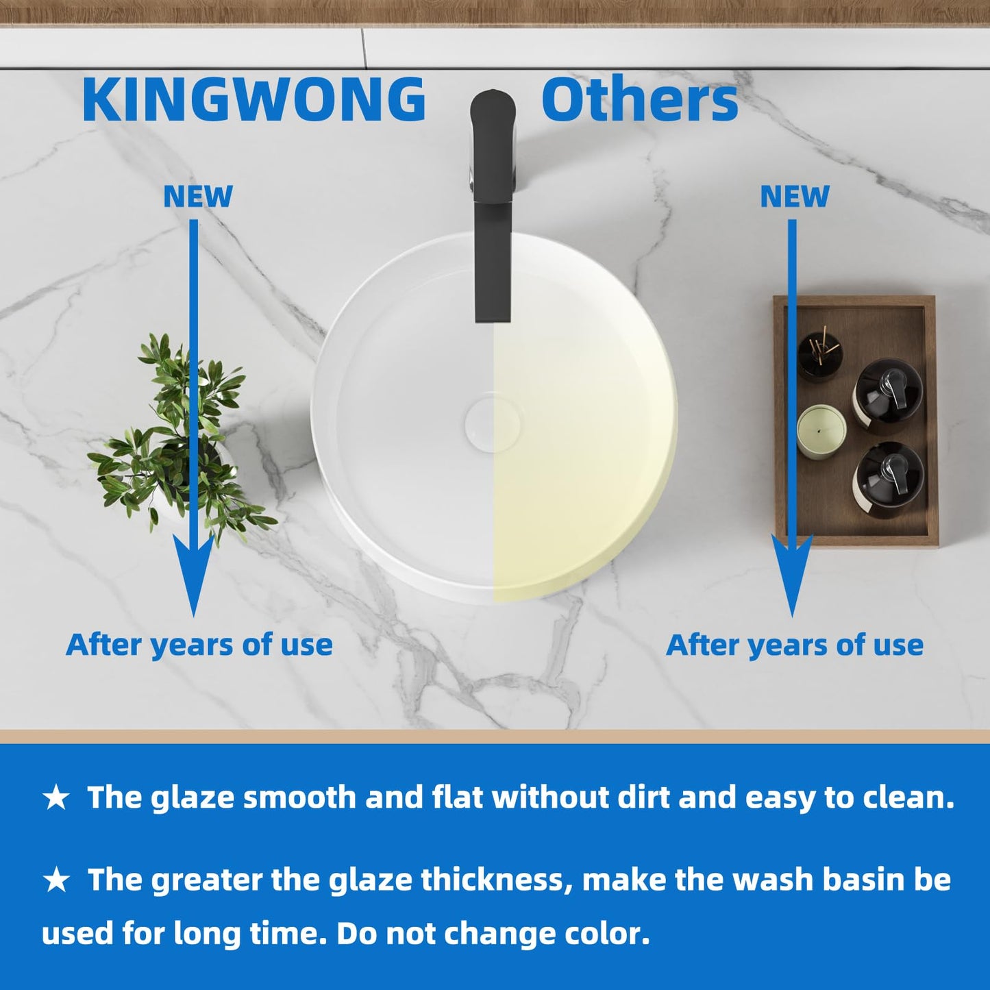 KINGWONG 14 Inch Small Vessel Sink for Bathroom - Round Countertop Modern Above Counter White Ceramic Porcelain Vanity Sink Basin for Cabinet 14 x 14