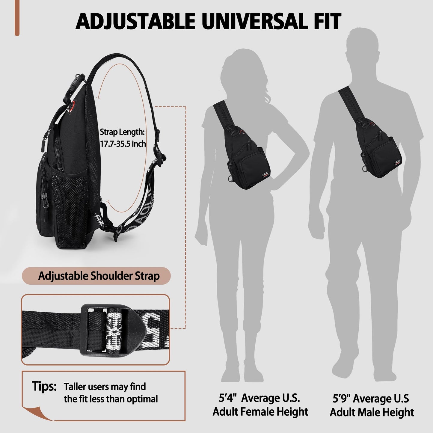 Geestock Convertible Sling Bag for Women Men, Lightweight Crossbody Backpack Daypack Chest Bag Fit 7.9" Tablet for Travel, Sport, Hiking & Commute, Black, 7.09in×3.15in×12.60in