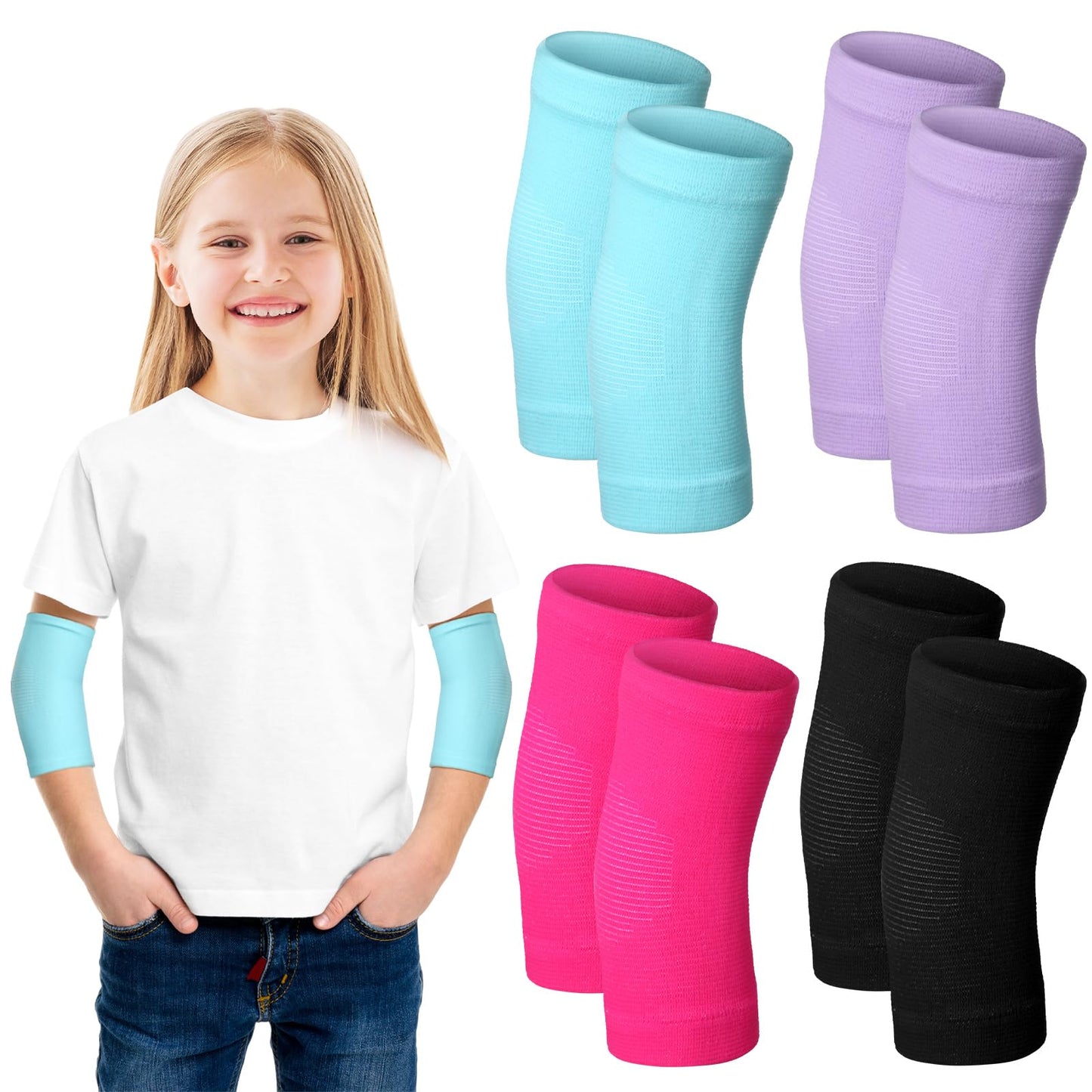 Lenwen 4 Pairs Kids Elbow Brace Compression Arm Elbow Sleeve Knit Guard Gym Protectors for Boys Teen Children Girls Basketball Volleyball Tennis Cycling(5-10 Years,Black, Purple, Rose Pink, Sky Blue)
