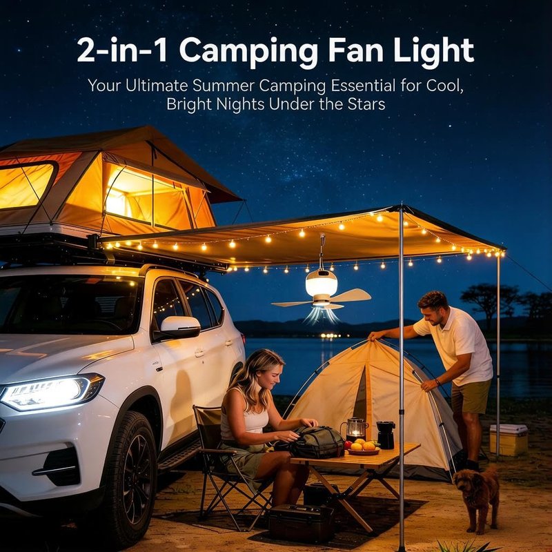 Negxi Camping Fan with Light & Remote, Portable Ceiling Fan for Tents, Canopy, Beach, RV, Car, Camper & Outdoor, Wireless Rechargeable Hanging Pop up Tent Fan - 3 Speed Breeze & Timer, 10.63 Inch