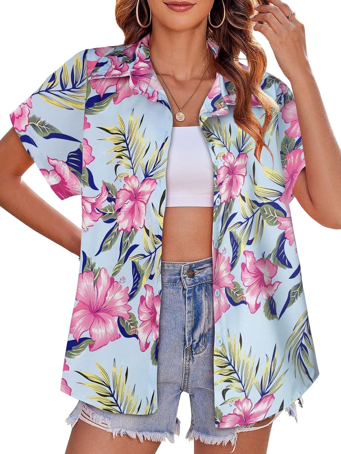 Skiennix Women's Hawaiian Shirt - Cool Summer Button Down V-Neck Blouse | Short Sleeve Beach Top