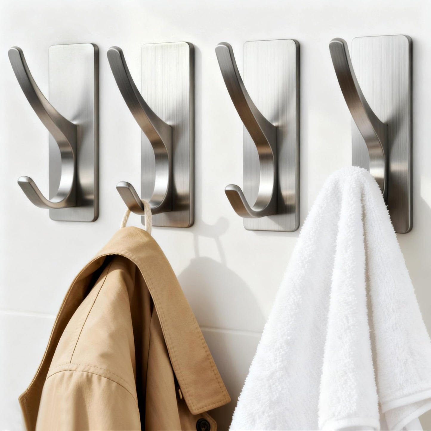 Self Adhesive Coat Hooks for Hanging: Heavy Duty Stainless Wall Hook for Towel, Backpack, Hat, Sturdy Metal Hanger for Bathroom, Bedroom, Door, Brushed Nickel 4 Pack