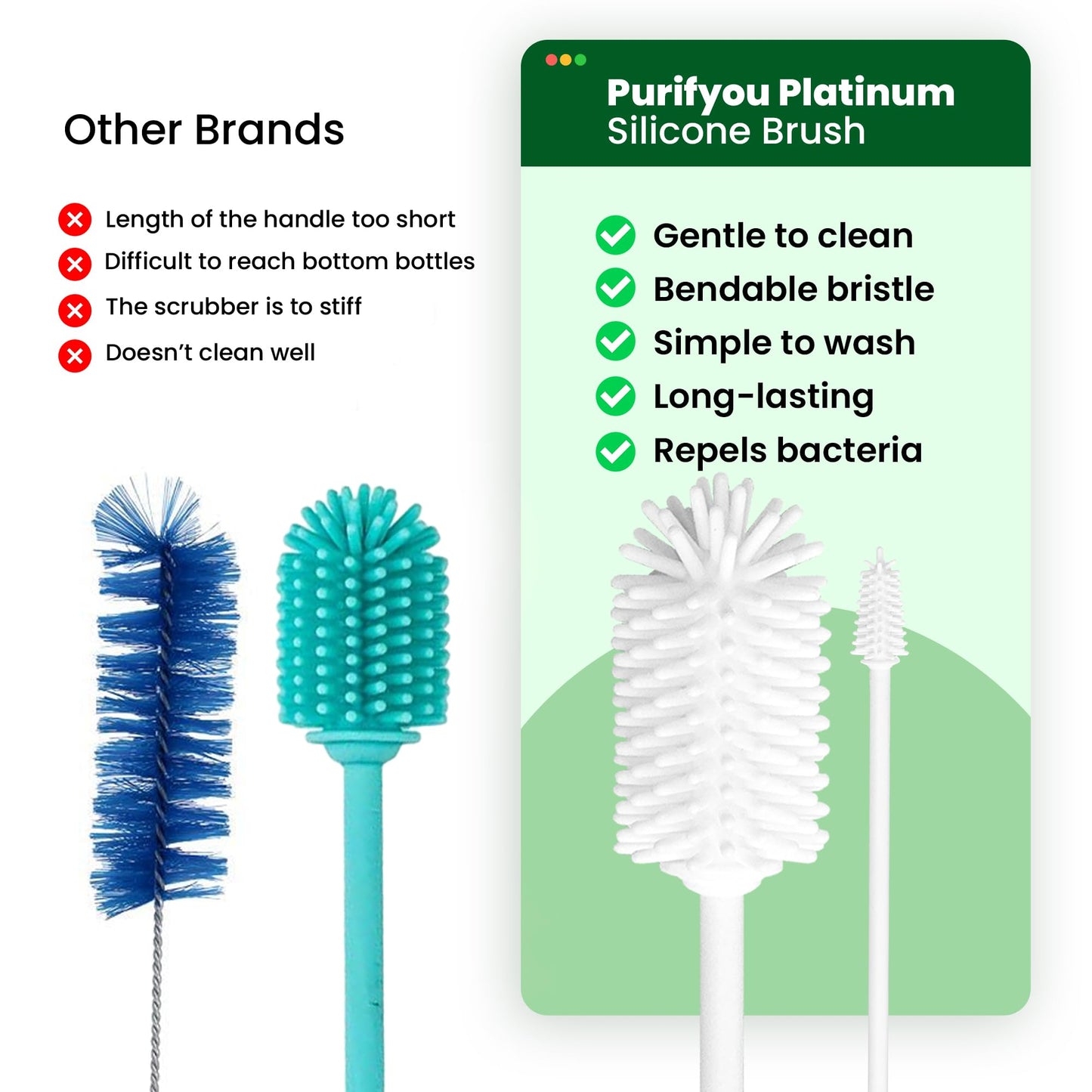 purifyou 16in & 12in Platinum Silicone Water Bottle Cleaner Brush Set with Cap Brushes, for Bottles, Tumblers, Drinking Glasses, Narrow Neck Containers, Dishwasher Safe, Durable (Set of 2, White)