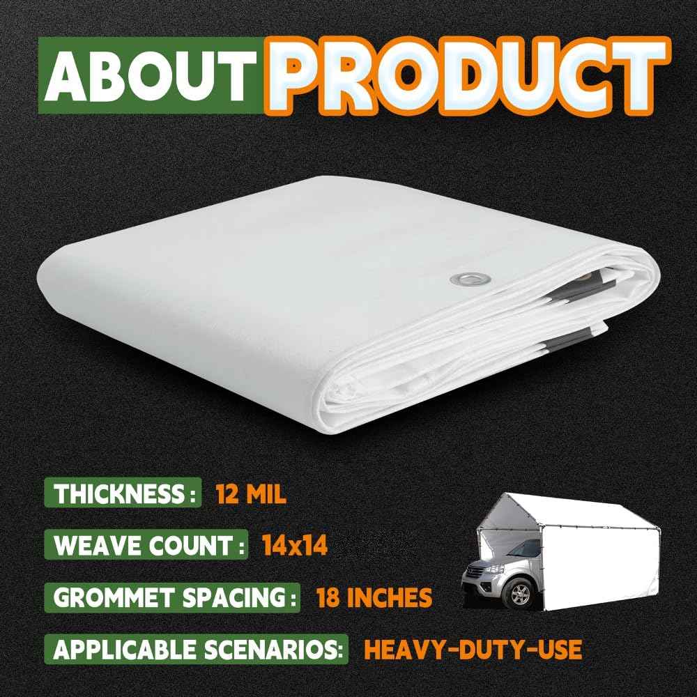 RAINDEWAY 12 Mil Heavy Duty White Tarp 20x20 Feet, UV Resistant, Waterproof, Weatherproof Poly Tarp with Metal Grommets and Reinforced Edges