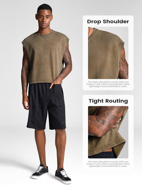 Wyeysyt Men's Crop T Shirts Dolman Sleeve Tops Vintage Crewneck Loose Pullover Tank Tops(BlackBrown-L)