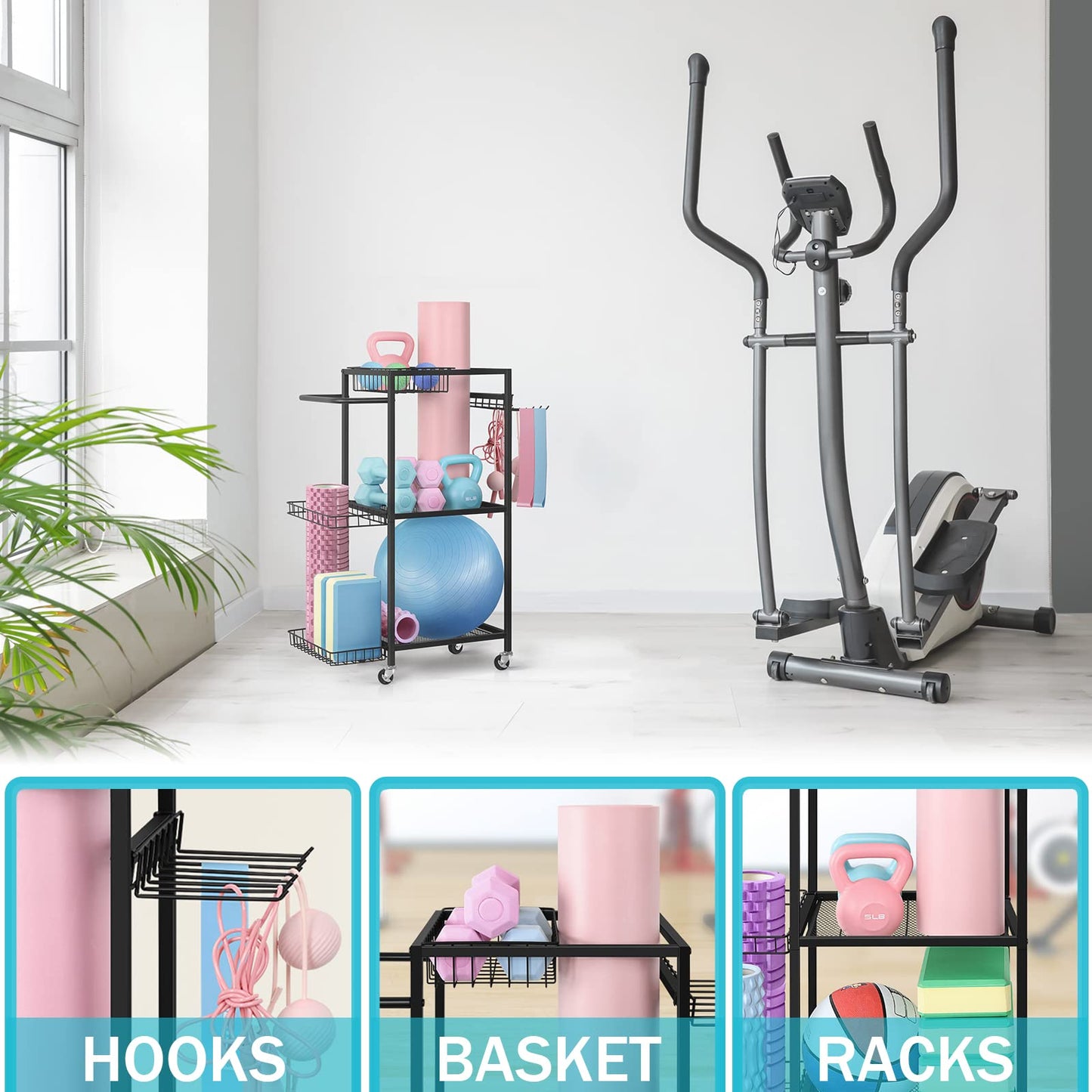 LIANTRAL Yoga Mat Storage Rack - Metal Gym Organizer for Yoga Mats, Foam Rollers & Fitness Equipment, Space Saving Workout Equipment Storage Rack for Home Exercise and Fitness Gear, Black