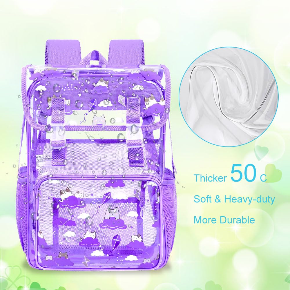 ZLYERT 17" Cat Clear Backpack for Girls - 3Pcs Flip Design Stadium Approved Set, Campus/School Transparent Bookbag (Purple)