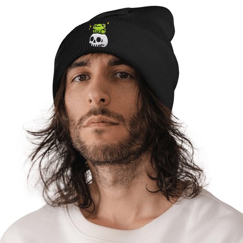 AIMASTZ Cute Frog Skeleton Embroidered Beanie Knit Hat for Men Women, Halloween Goth Graphic Winter Black Skull Cap
