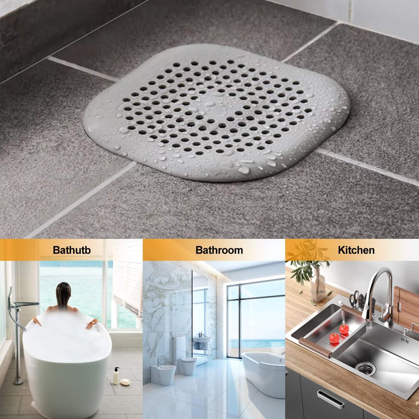 Hair Drain Catcher,Square Drain Cover for Shower Silicone Hair Stopper with Suction Cup,Easy to Install Suit for Bathroom,Bathtub,Kitchen 4 Pack (Grey Aluminium White)