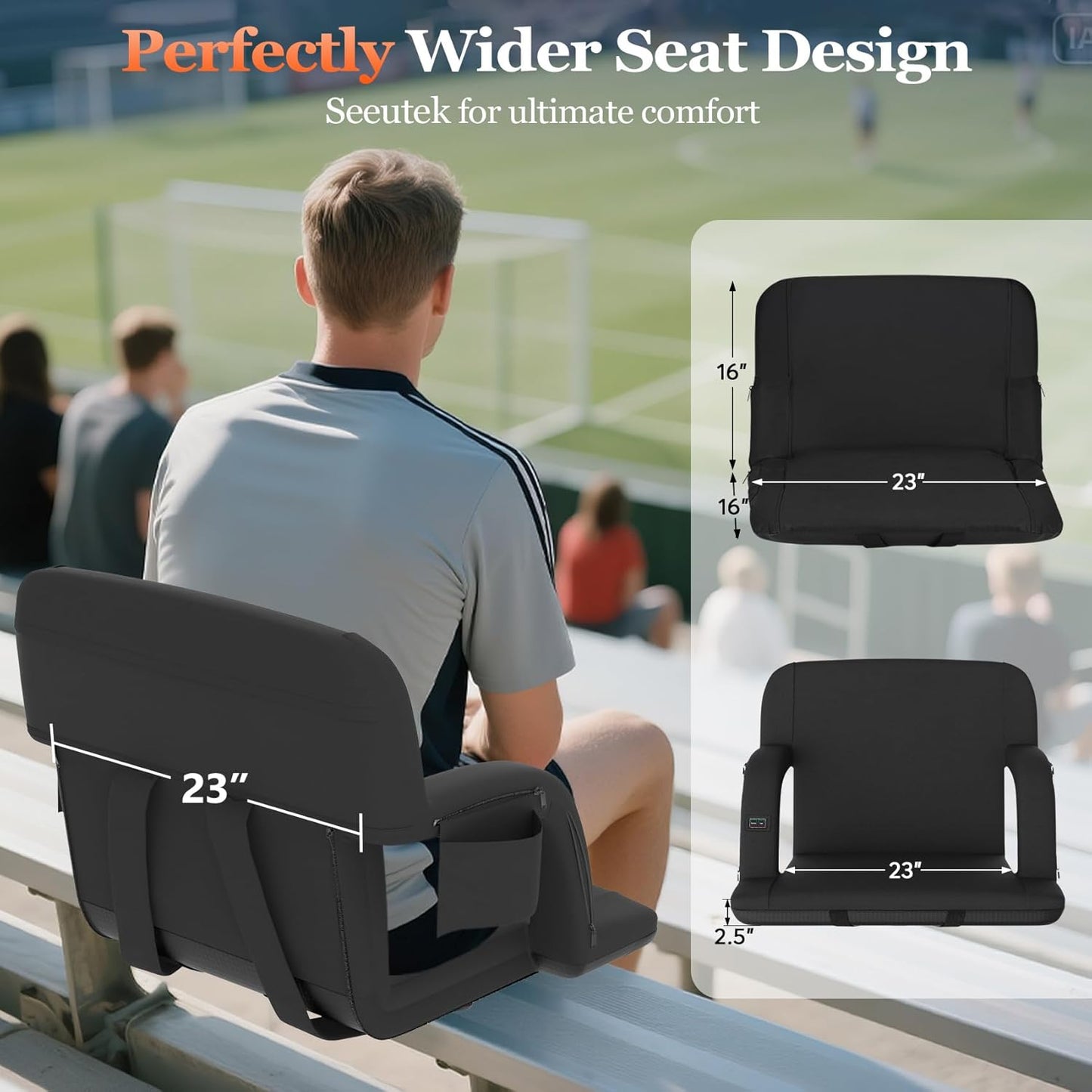 Seeutek Heated Stadium Seats - Comfortable Bleacher Chair with Back Support & 3 Heat Levels | 23-Inch, 5 Pockets