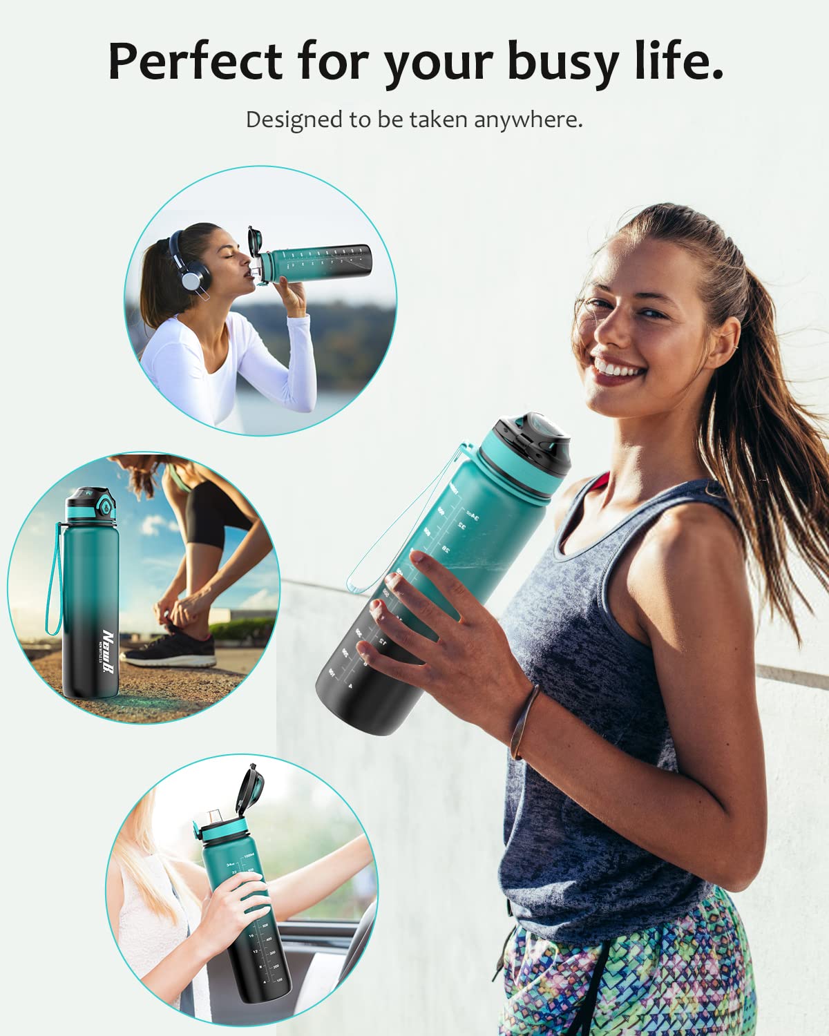 Pluralla One Touch Sport Water Bottle (Pack of 1) with Carry Handle, Leak Proof, Flip Top Lid, BPA Free, Tritan Material Water Bottle, Ideal Gift for Travel, Gym and Outdoor Fitness | 22 oz, 34 oz