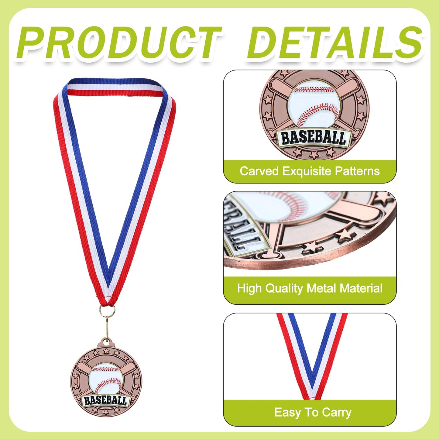 Remuuly 20 Packs Bronze Medals Bulk, 2'' Award Medals Team Participation Trophies with Red White and Blue Striped Ribbon for Competitions Celebration Prizes Gift Sports Party Favor (Baseball)