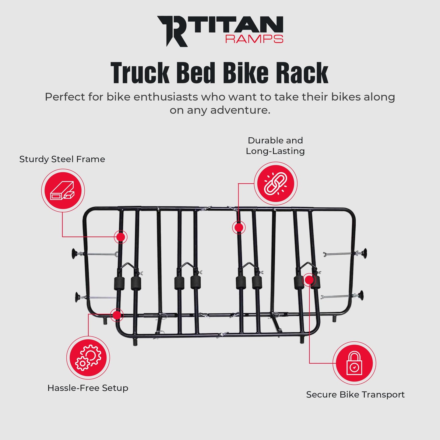 Titan Ramps Truck Bed Adjustable Steel Bike Rack for Up to 4 Bikes - Fits Most Makes/Models