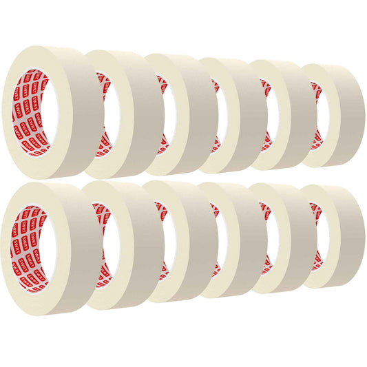 SWRT Masking Tape 1 inch x 55 Yards x 12 Rolls (660 Total Yards), Adhesive Painting Tape Bulk for General Purpose Beige White Color for Painting, Crafting, School Stationery, Arts, Home Use etc