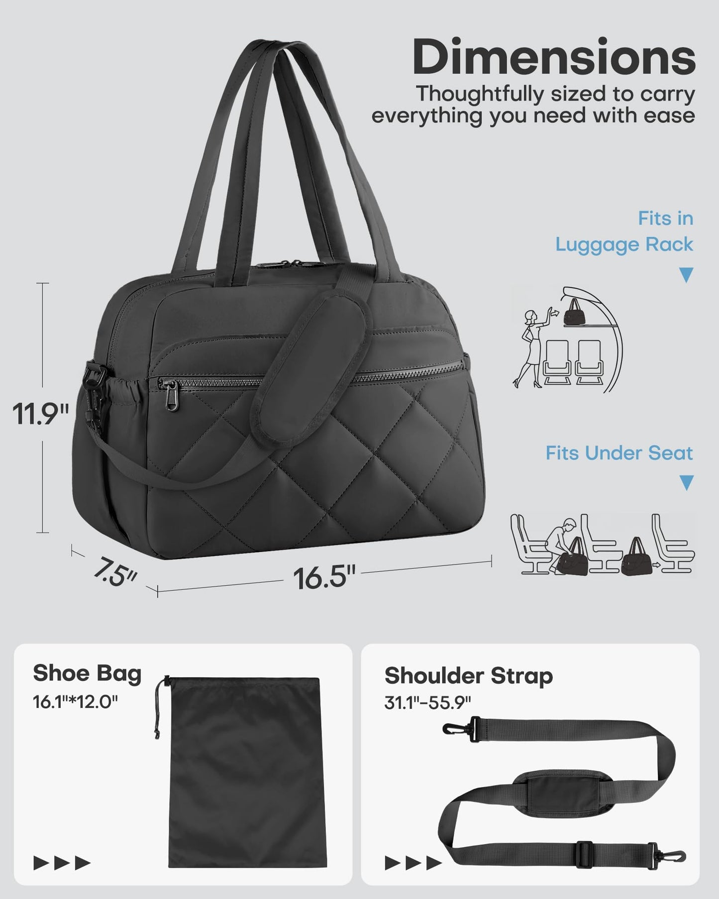 HOTOR Gym Bag for Women - Lightweight Travel Duffle Bags with Wet Pocket & Separate Shoe Bag, Multi-Pocket Carry on Weekender Duffel for Sports, Fitness, Overnight Trip, Black, 18.1" x 8.7" x 13.4"