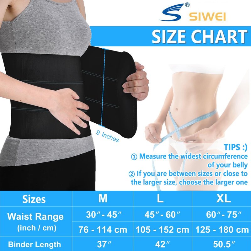 S Abdominal Binder Post Surgery - Elastic Waist Band for Stomach Support & Compression, Bariatric, Tummy Tuck | Latex-free, Breathable Belly Wrap Hernia Belt - (30" - 45") 3 PANEL - 9" High BLACK