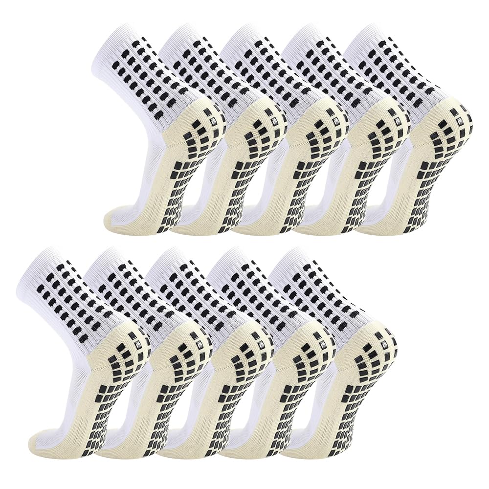 BAIBERRI 5 Pack Men's Soccer Socks Anti Slip Non-Slip Grip Pads for Football Basketball Sports Grip Soccer Socks（White）