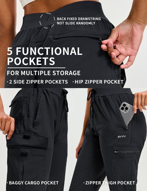 BVVU Women's Hiking Pants - Lightweight Quick-Dry Waterproof Cargo Joggers with Zipper Pockets