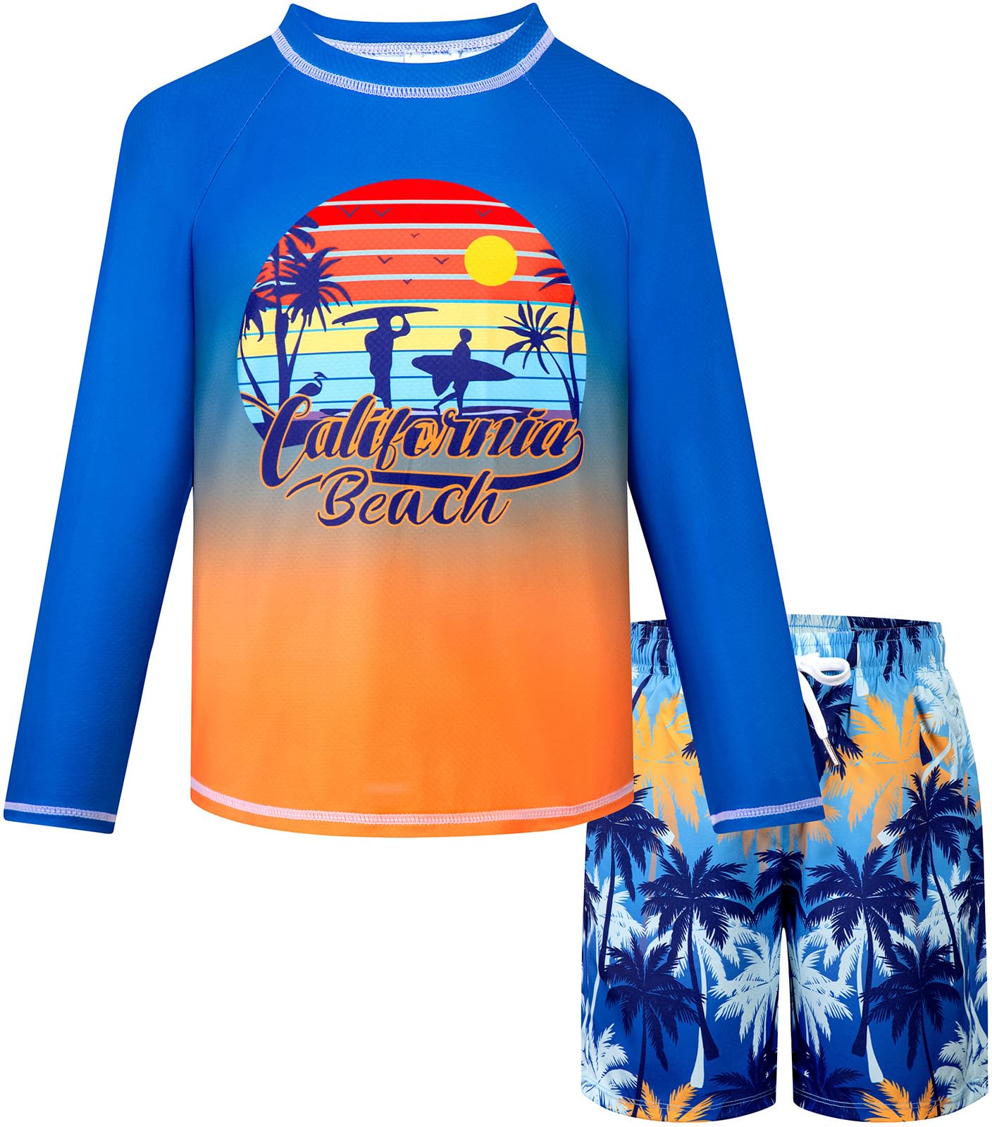 Belovance Boys Two Piece Rash Guard Swim Set Kids Long Sleeve Bathing Suit Swimwear Shirt with Trunks Swimming Suits Surfing Beach Clothes Quick Dry Size 7 8 Blue Orange