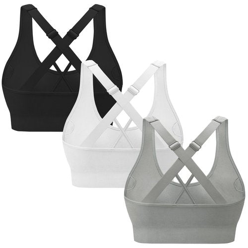 3-Pack Criss-Cross Strappy Sports Bras for Women - Padded High Impact Seamless Yoga Exercise Athletic Bra